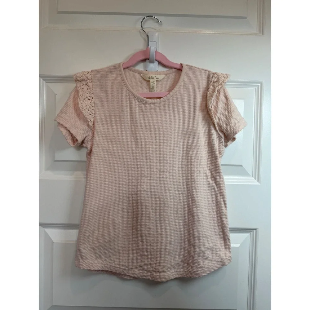 2. Matilda Jane Girls Pink Waffle Knit Crochet Lace Ruffle Short Sleeve Top 10